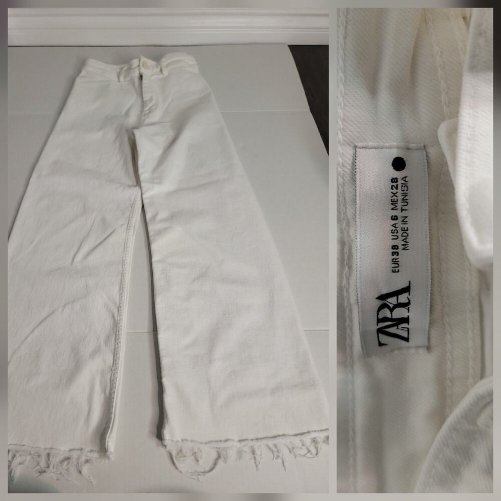 Zara Jeans Sz 6 Marine Straight Wide Leg High Rise White Stretch Boho Festival